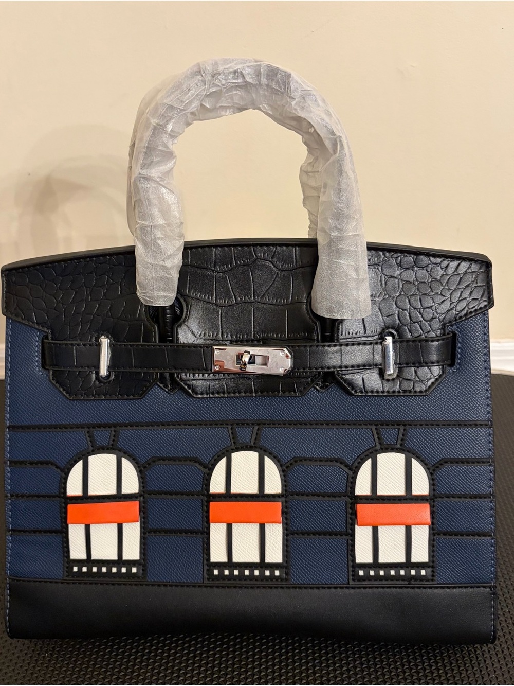 30cm Blue Real Leather Top-Handle Statement Tote with Orange/White Accents